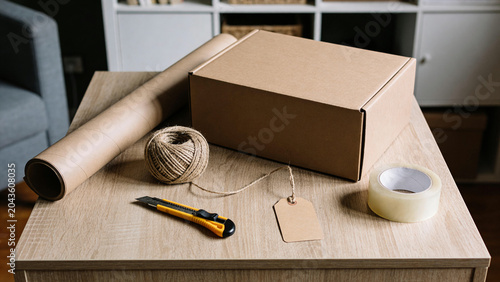 Cardboard box on table with packing supplies. Delivery parcel with parcel paper, twine, label and cutter. Concept of shipment, small business e-commerce fulfillment and product packaging.