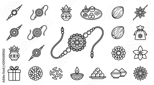 A collection of hand drawn line art icons representing the Indian festival of Raksha Bandhan.