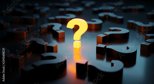 Glowing yellow question mark surrounded by many dark dull question marks curiosity confusion pondering thinking information research solution challenge background