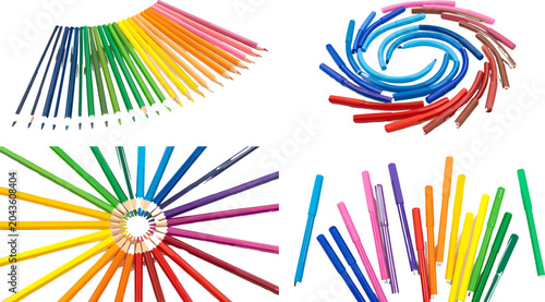 Tableau sur toile Colorful stationery set featuring rainbow wooden pencils arranged in creative la