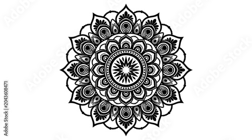 A detailed black and white circular mandala pattern with intricate floral and geometric elements.
