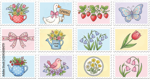 Bilde på lerret Spring and Easter Themed Vintage Postage Stamp Illustration Set