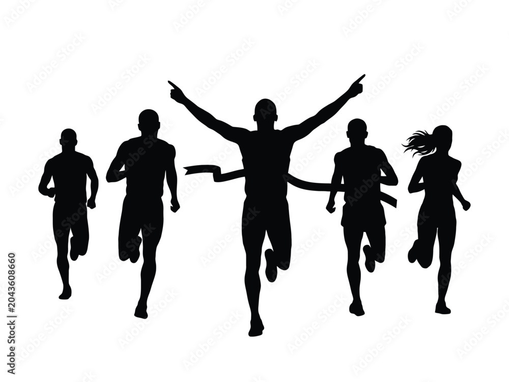 Fototapeta premium group of runners crossing finish line silhouette race athletes competition black white background active fitness sports marathon endurance teamwork victory celebration energy