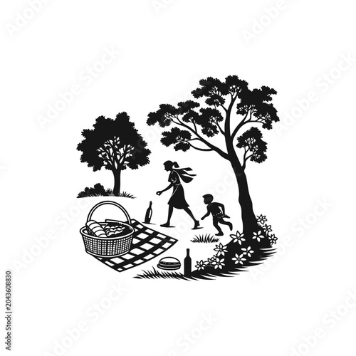Family Silhouette Enjoying a Picnic in a Park with Trees and Basket