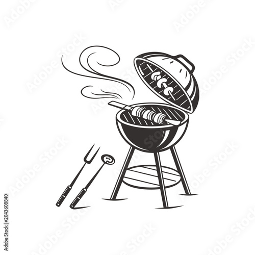 Barbecue Grill Cooking Food Outdoors with Smoke and Utensils