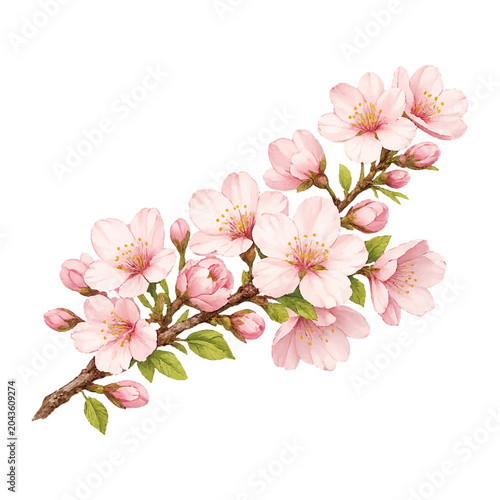 Pink Cherry Blossom Branch Botanical Illustration Isolated on White
