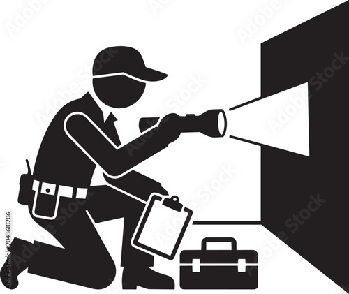 Canvas Print Electrician Worker Silhouette Using Flashlight for Building Inspection and Elect
