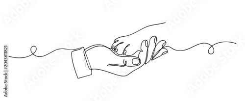 Continuous one line vector illustration of a human hand holding a dog paw, representing animal friendship, pet adoption, veterinary trust, and care concept on white