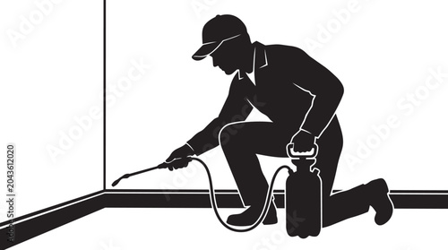 Foto Pest Control Technician Silhouette Applying Insecticide Treatment Along Interior