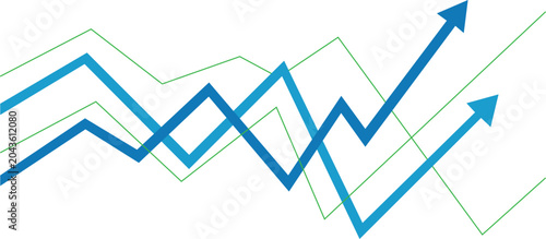 Blue and green line graphs with arrows pointing upwards showing growth and increase trend  business and finance concept