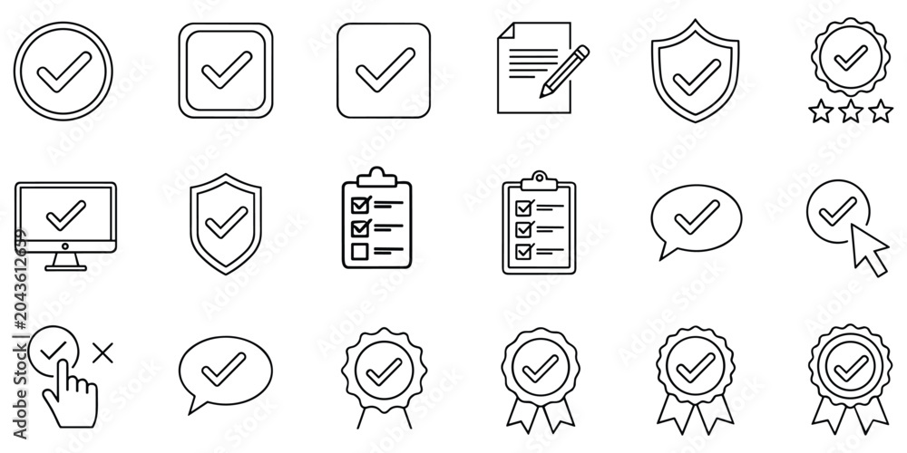 Fototapeta premium Set of check mark and validation icons representing quality assurance tasks and completed projects