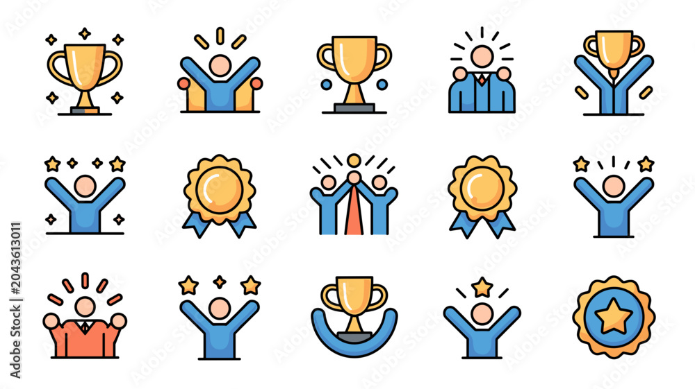 Fototapeta premium Flat team success celebration icon collection – Perfect for corporate presentations, business blogs, or workplace achievement graphics.
