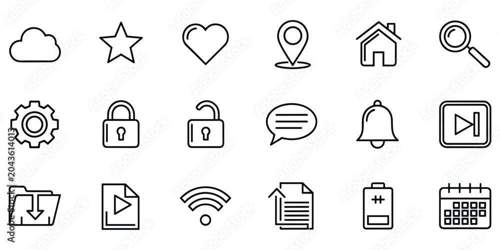 Fototapeta premium Mobile app navigation and interface outline icons featuring cloud storage and connectivity tools