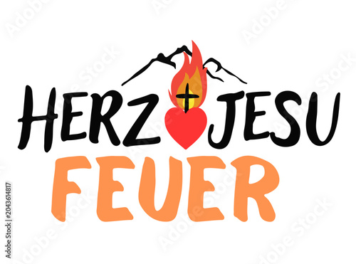 Herz-Jesu-Feuer vector illustration collection. Austrian Tyrolean traditional celebration lettering layouts with burning heart and mountain peaks.