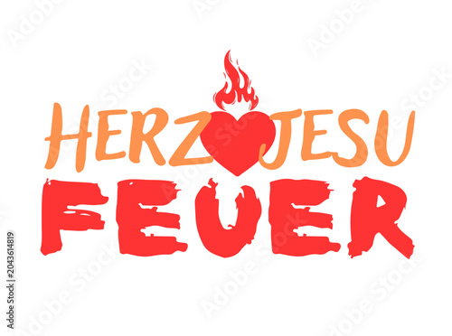 Herz-Jesu-Feuer vector illustration collection. Austrian Tyrolean traditional celebration lettering layouts with burning heart and mountain peaks.