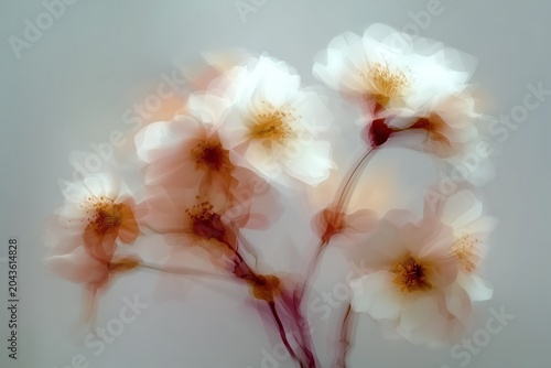 Artistic photo showcasing blurry flowers with soft, muted colors, creating a dreamy and ethereal floral composition.