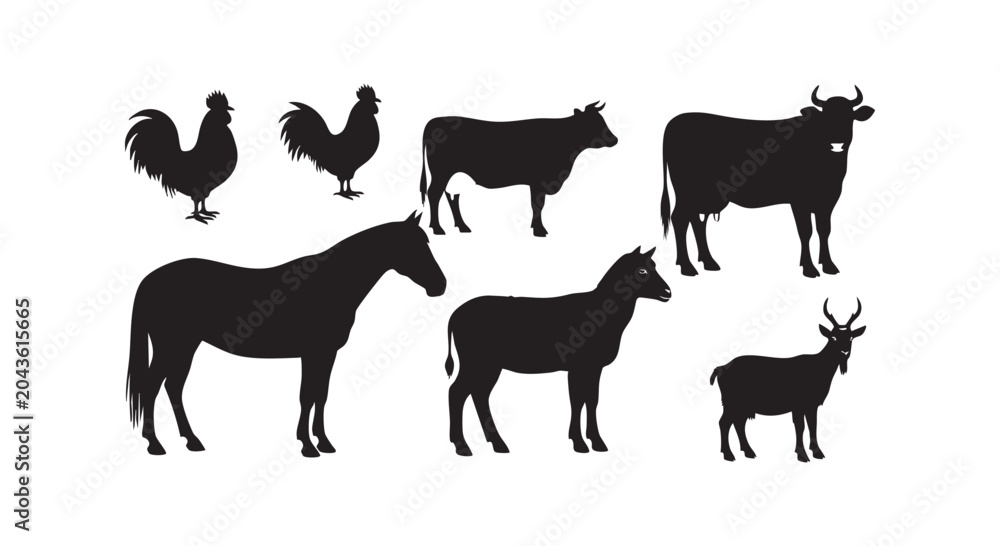 Fototapeta premium Farm animal silhouettes collection featuring chickens, cows, horse, sheep and goat.
