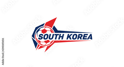 Modern football emblem illustration with 'South Korea' text, featuring dynamic red and blue geometric patterns surrounding a stylized soccer ball, symbolizing national sporting spirit