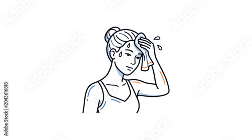 Obraz na plátně A line art illustration of a woman wiping sweat from her forehead after a workout