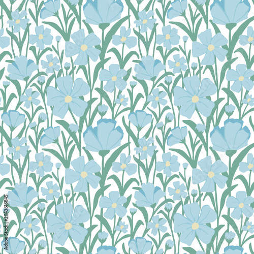Foto Seamless pattern of light blue flowers with green stems and leaves