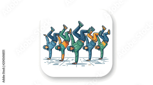 Tableau sur toile A group of breakdancers performing synchronized handstand freezes in a dynamic illustration