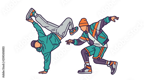 Bild auf Leinwand Two energetic street dancers performing dynamic breakdance moves in stylish urban clothing