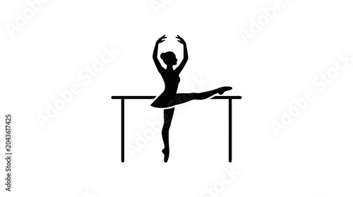 Schilderij op canvas A black silhouette of a graceful ballerina practicing at a ballet barre