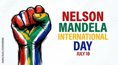 Celebration of Nelson Mandela International Day with colorful fist illustration and vibrant text