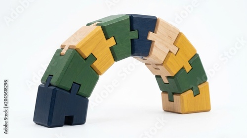 Wooden interlocking block puzzle forming arch shape on white background
