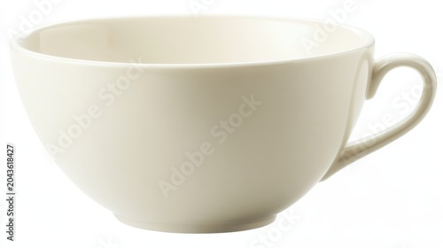 Empty wide cream ceramic tea cup on white background side view
