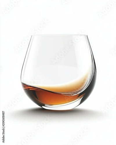 Round stemless glass with amber whisky on white background side view