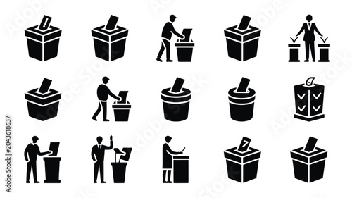 Foto Set of 15 Black and White Voting Ballot Box Icons Vector