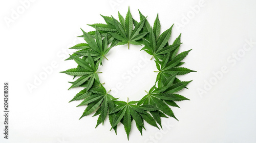 Circular Wreath of Green Cannabis Leaves on White Background
