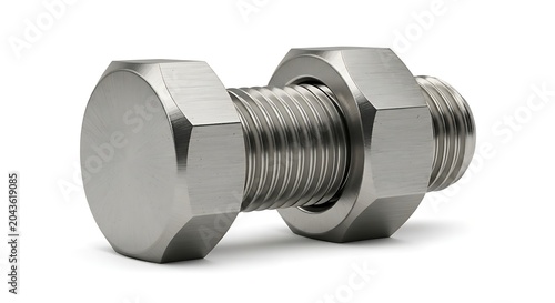 Closeup of a stainless steel bolt and nut isolated on white background