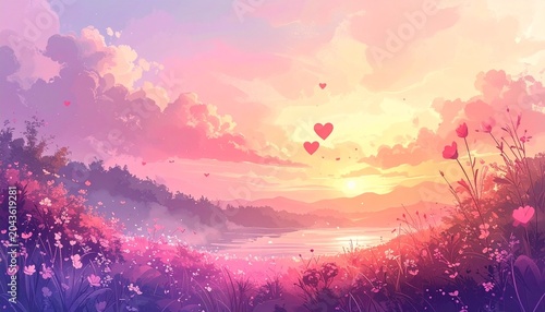 Romantic sunset landscape with heart balloons.