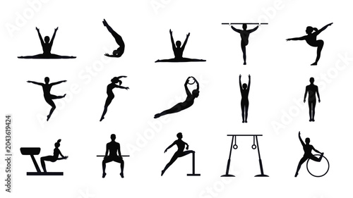 Photos Set of 18 Black Gymnastics and Ballet Silhouette Icons Vector