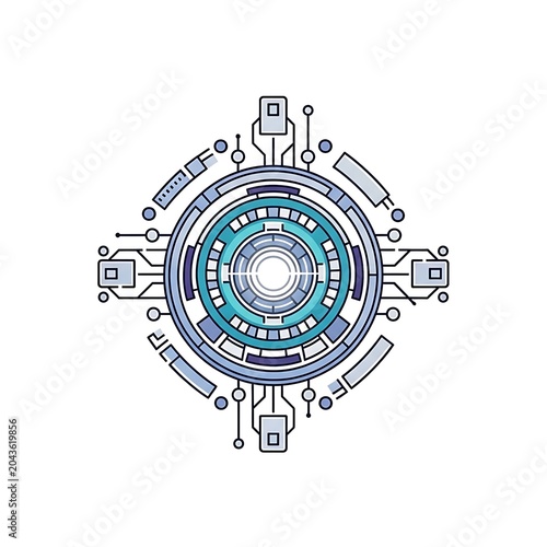 Abstract concentric circles with geometric patterns and symbols.