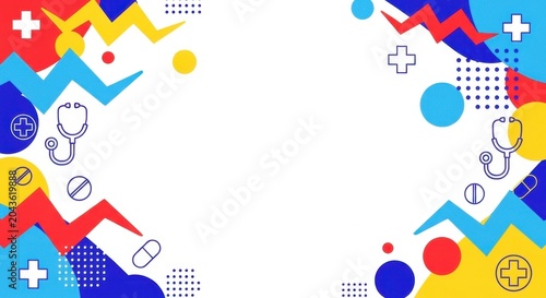 Colorful medical abstract frame with geometric shapes stethoscope and medicine symbols.