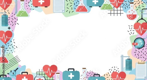 Laboratory and clinic equipment frame with test tubes hearts and first aid kits artwork.