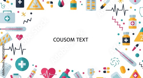 Healthcare icons and abstract elements frame with medical symbols and text space.