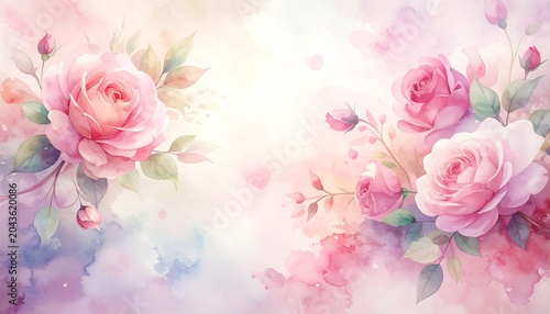 Soft Watercolor Pink Roses Floral Background.