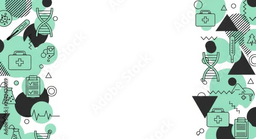 Medical border background with flat health care icons and equipment for clinical presentation.