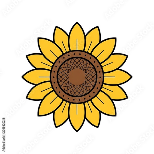 Golden sunflower with textured brown center against white background.