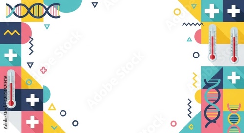 Abstract medical background with colorful geometric shapes and health related elements.