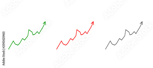A set of three colorful line graphs with upward arrows in green, red, and grey, symbolizing financial growth, market trends, and investment performance analysis.