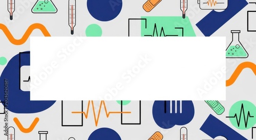 Abstract medical background with test tubes, thermometers and band-aids, health care frame.