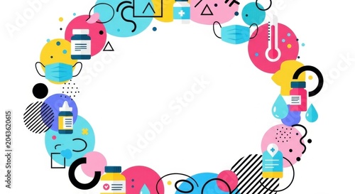 Abstract medical elements frame with masks and bottles on white background.