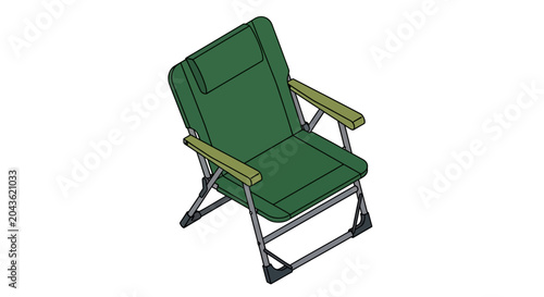 green folding chair with wooden arms and metal frame