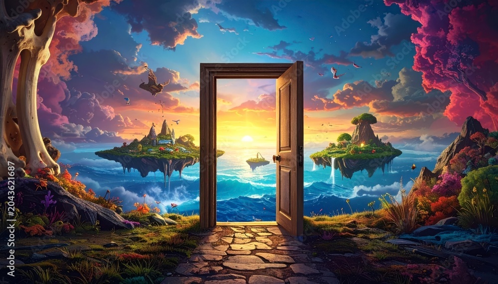 Obraz premium An open wooden door stands on a grassy path leading to a fantastic world of floating islands and a vibrant sunrise over the ocean, perfect as a cinematic digital background.