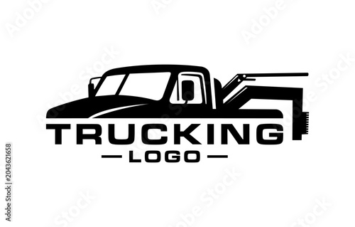 Canvas Print A black and white silhouette logo featuring a pickup truck with a gooseneck hitch and the text TRUCKING LOGO below it, representing transport and logistics